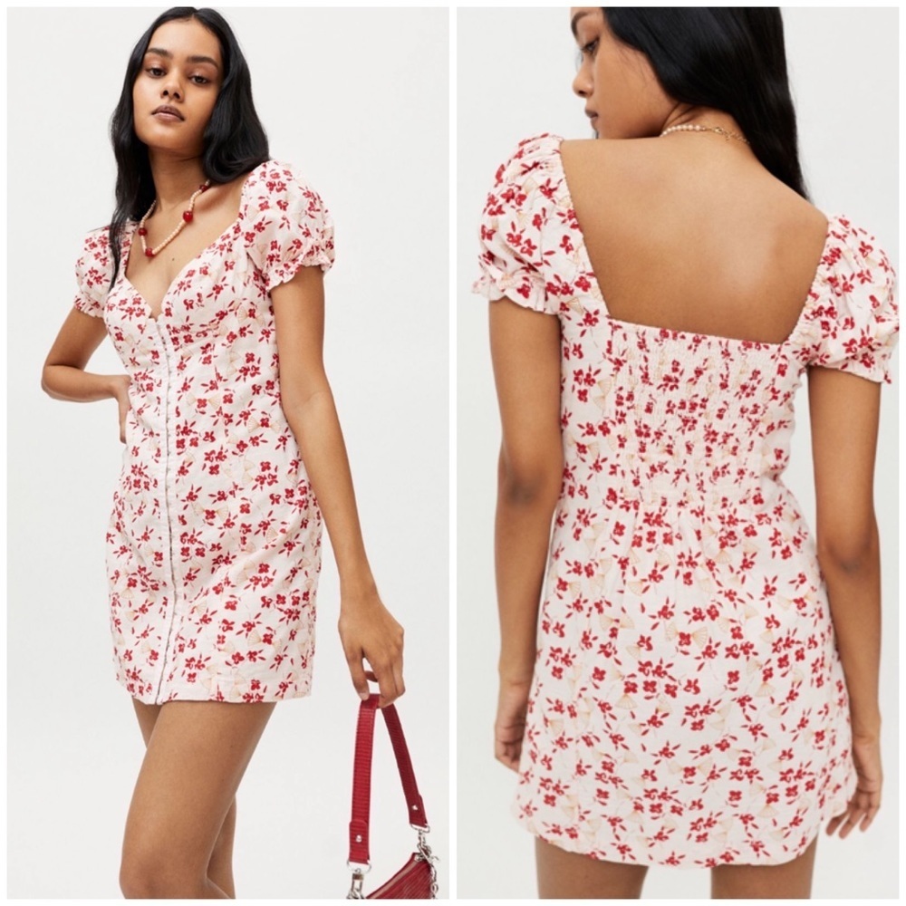 ❣️UO Red Blossoms Flower & Fan Pattern Hook & Eye Bustier Corset Mini Dress